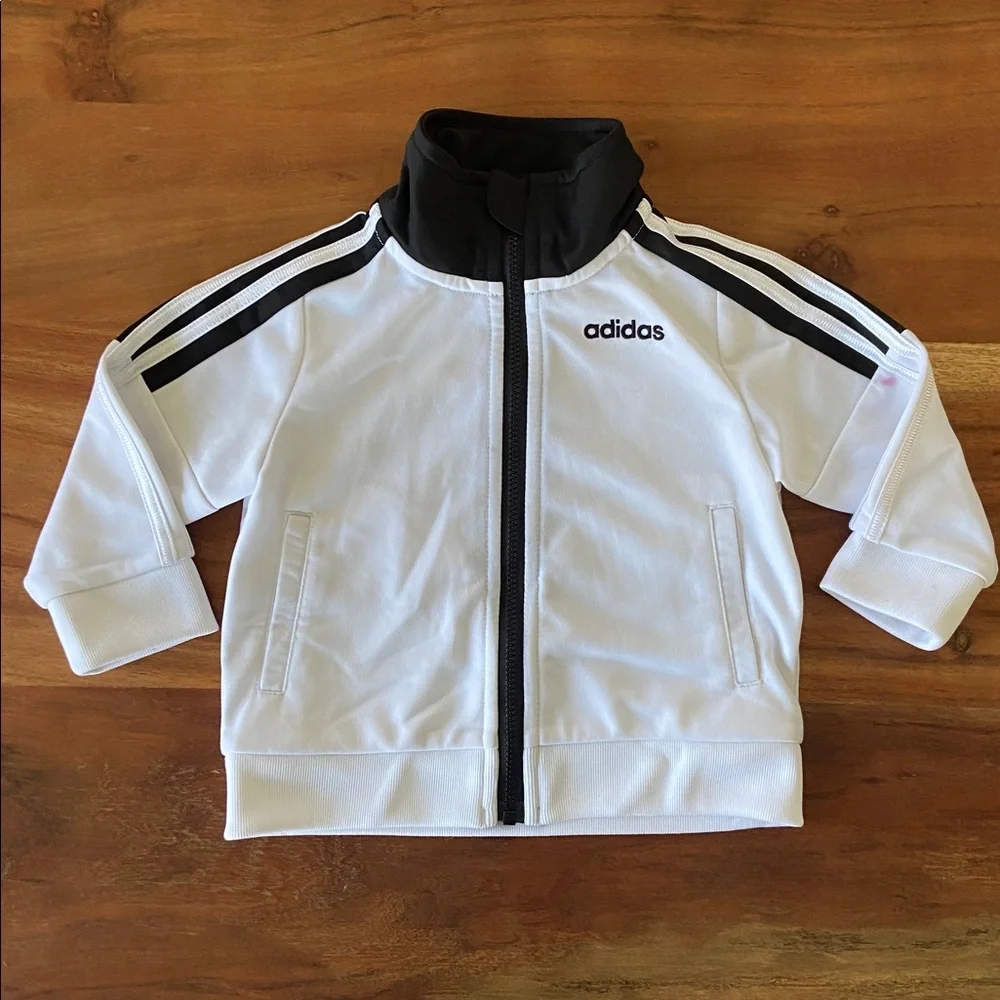 adidas baby zip up jacket white black track jacket athletic sporty toddler 6 mo